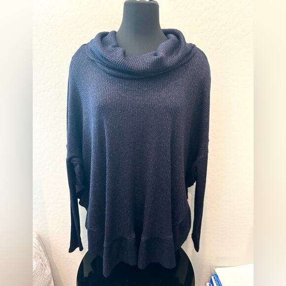 ANTHROPOLOGIE | Navy Metallic Ruffle Hem Cowl Neck Sweater NWT | Size M/L - Picture 2 of 9